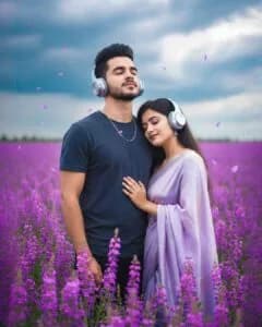A 4K photorealistic vertical portrait of a couple in a purple flower field, wearing silver headphones with soft storm-light and floating petals for a dreamy romantic vibe.