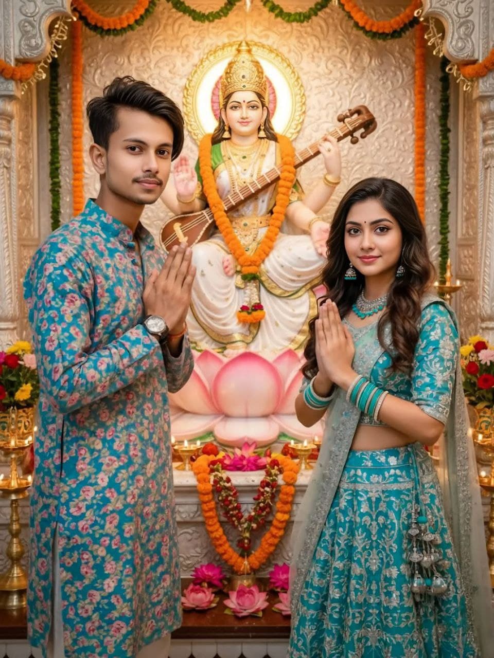 Divine Couple in Front of Goddess Saraswati