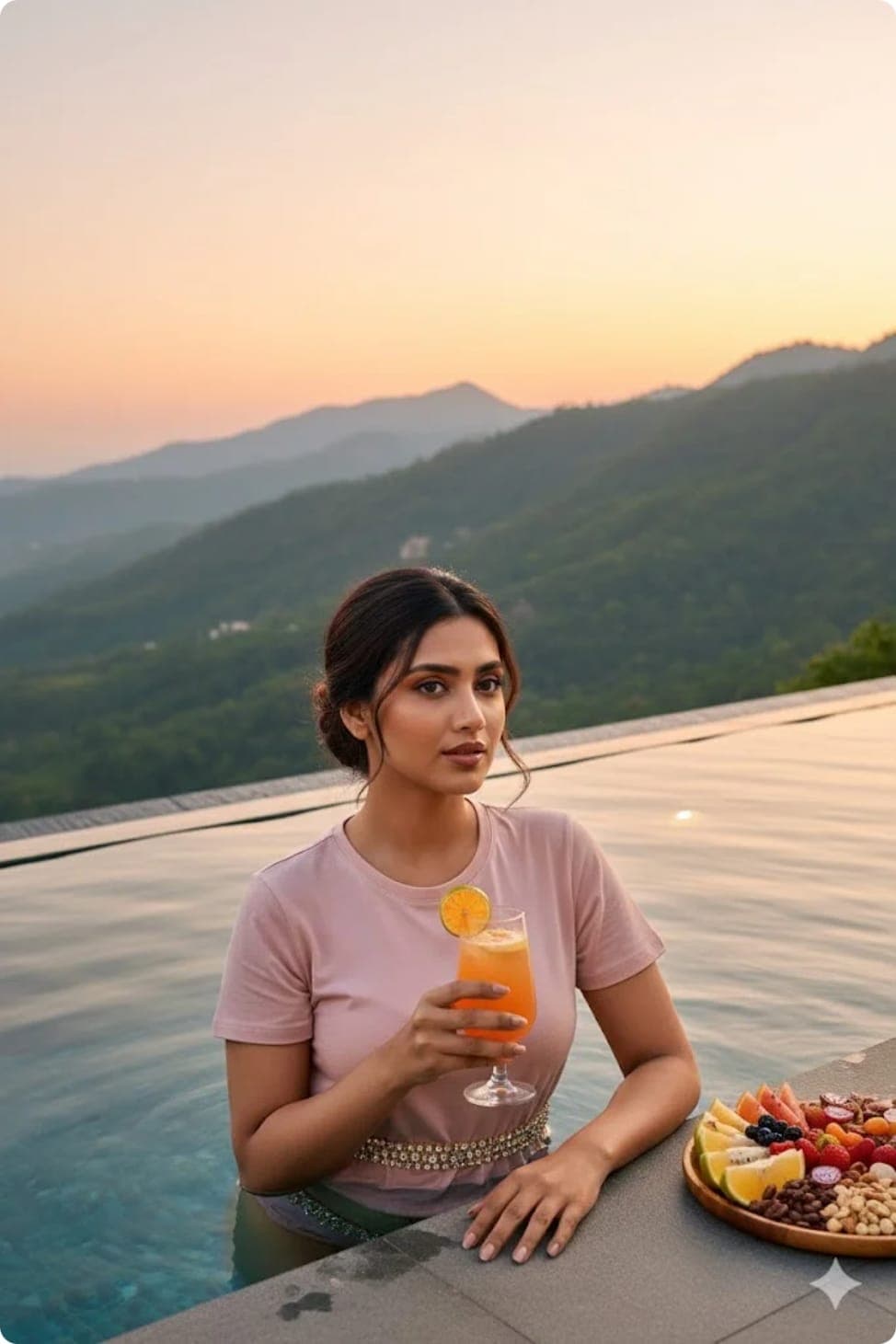 Girl in pool drinking juice in mountains