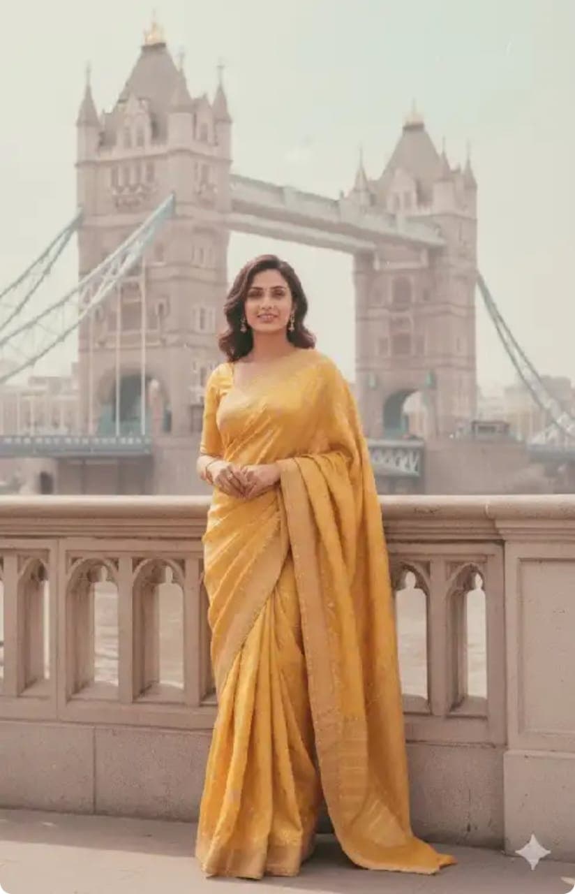 Photoshoot on bridge in yellow saree